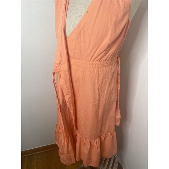 Talbots Cotton Wrap Dress Sz 10 Sleeveless Ruffle Tie Midi Coral Pink - Picture 8 of 11